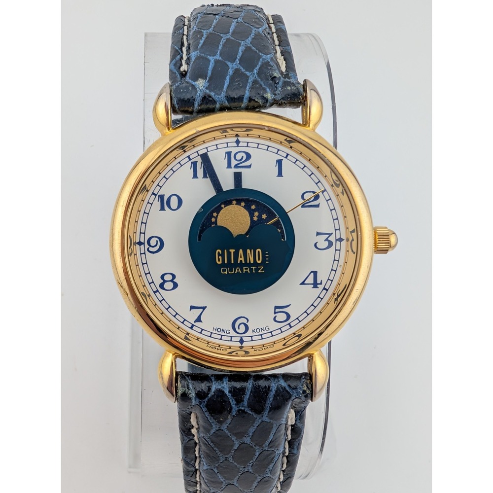 Vintage Gitano Watch Moon Phase Womens 32mm Gold Case Leather Band- New Battery